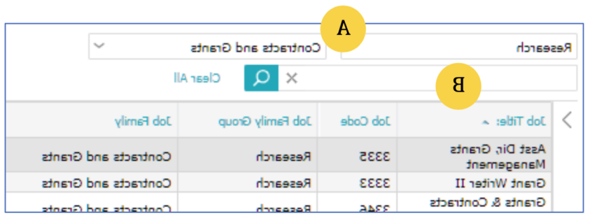 The Job Catalog page with a table for the following columns: Job Title, Job Code, Job Family Group, and Job Family. 